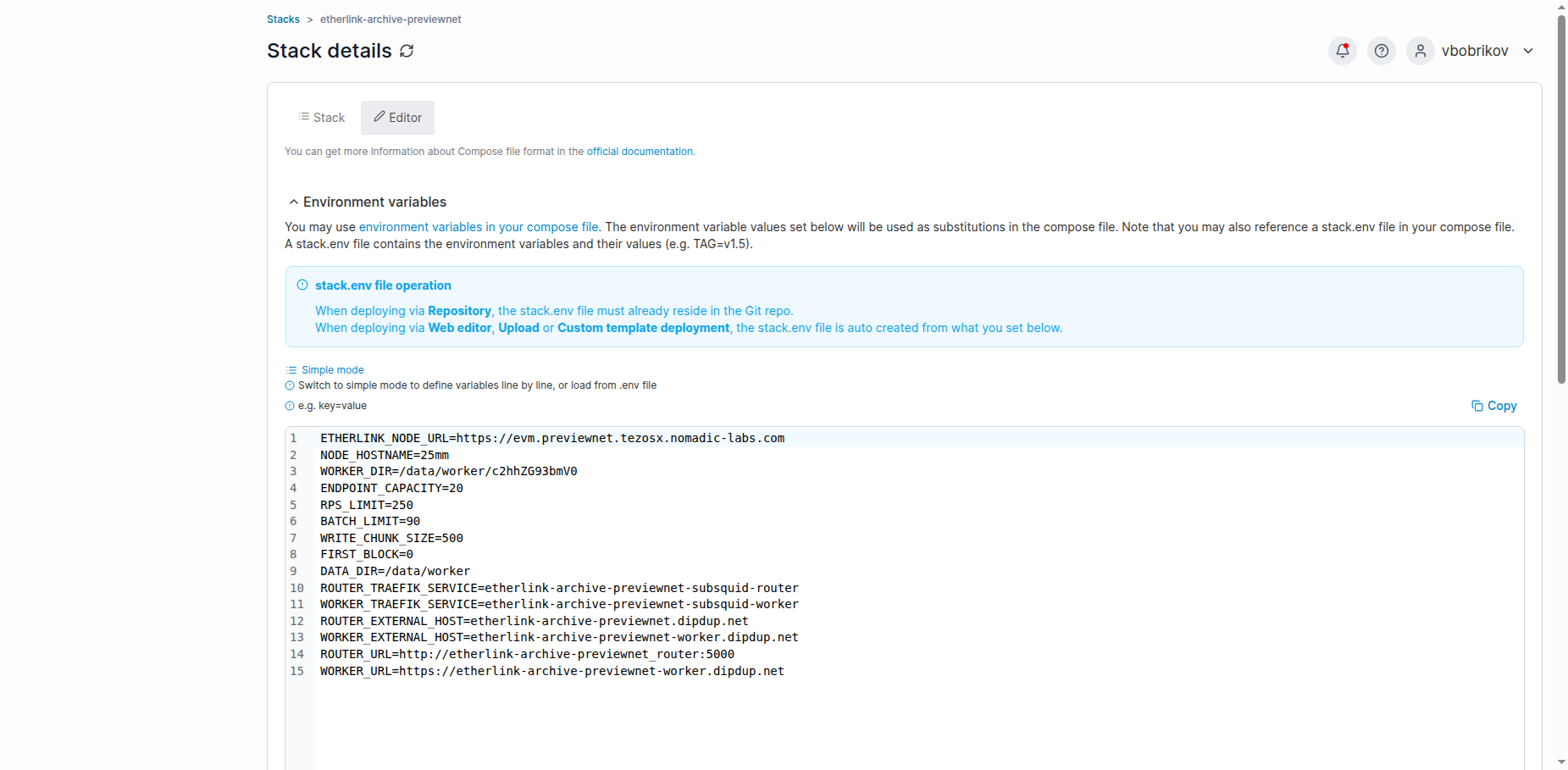 Portainer stack editor showing the environment variables as key=value lines
