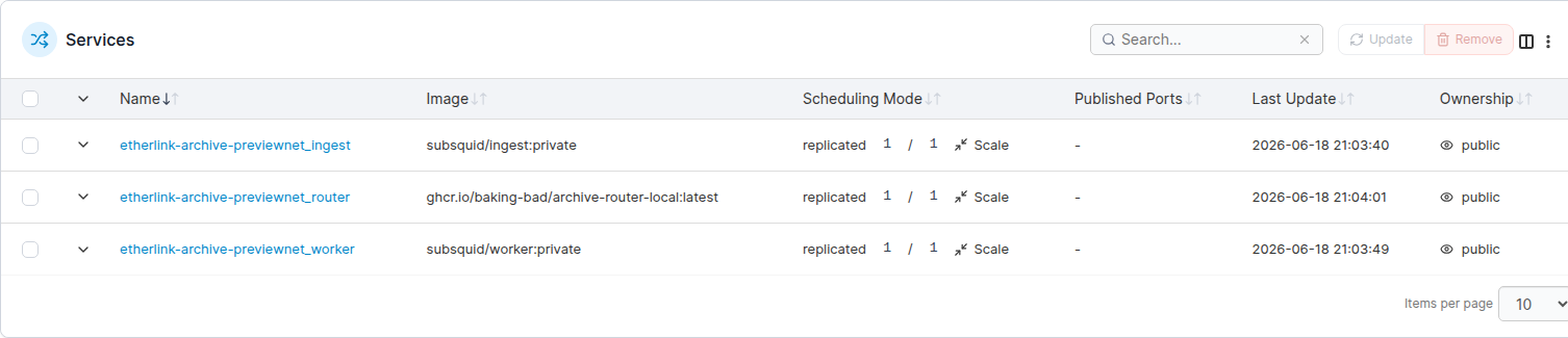 Portainer Services list showing the three running services of the etherlink-archive-previewnet stack